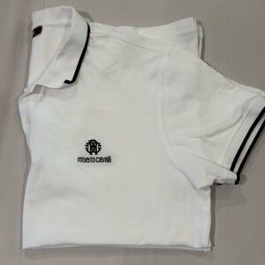 Roberto Cavalli White Polo Shirt XL Black Trim Logo Cotton Pique